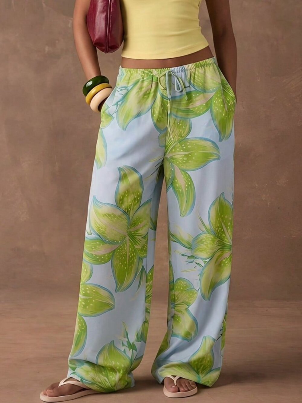 Cantaloupe Yellow Boho Women's Vacation Floral Print Woven Loose Wide Leg - Picture 7 of 7